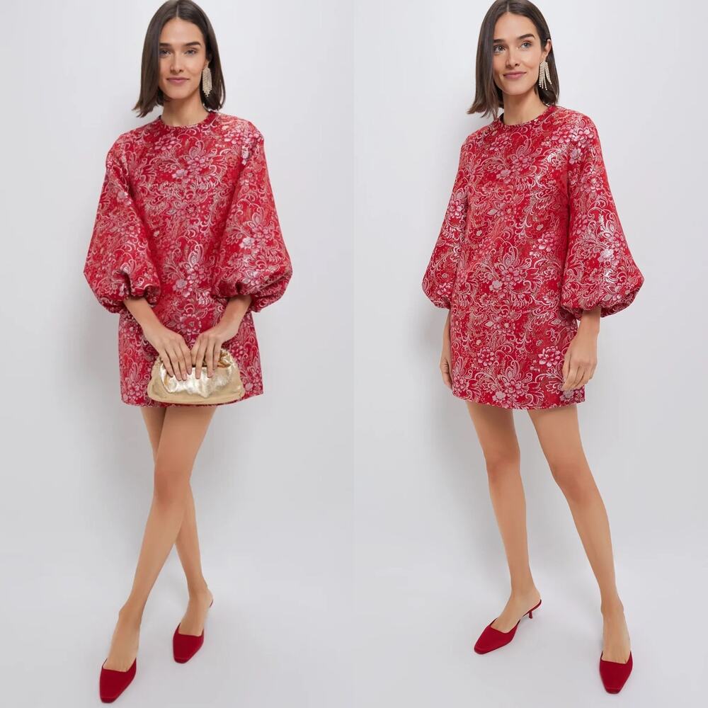 NWT Hyacinth House Red Jacquard Mini Dress Bubble Sleeve Women's Size Small EUC